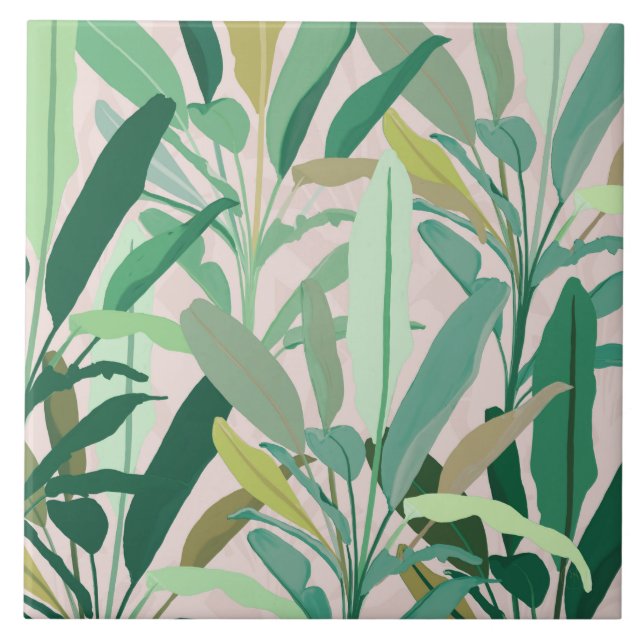 Tropical Green Banana Leaves Pink Pattern Fliese (Vorderseite)