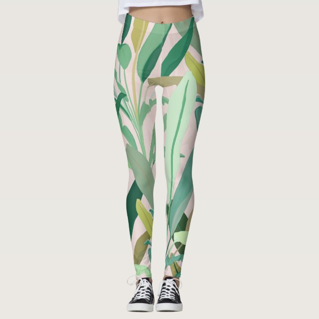 Tropical Green Banana Leaves Pink Pattern Leggings (Vorderseite)