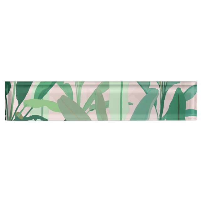 Tropical Green Banana Leaves Pink Pattern Namensplakette (Vorderseite)