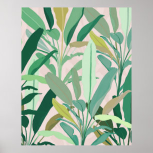 Tropical Green Banana Leaves Pink Pattern Poster