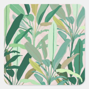 Tropical Green Banana Leaves Pink Pattern Quadratischer Aufkleber