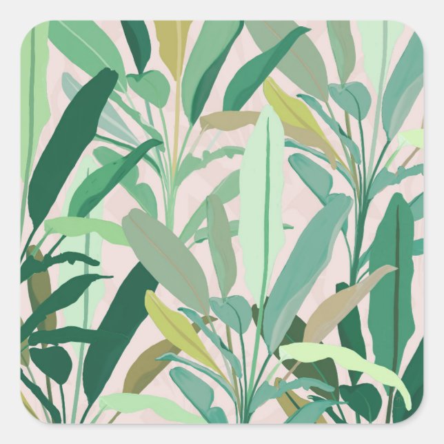 Tropical Green Banana Leaves Pink Pattern Quadratischer Aufkleber (Vorderseite)