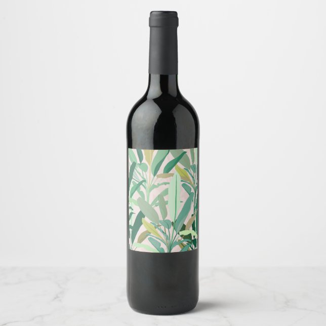 Tropical Green Banana Leaves Pink Pattern Weinetikett (Vorderseite)