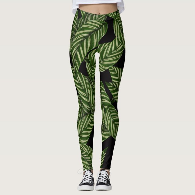 Tropical Green Blätter Black Leggings (Vorderseite)