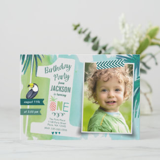 Tropical Green & Blue Jungle Watercolor Boy Einladung