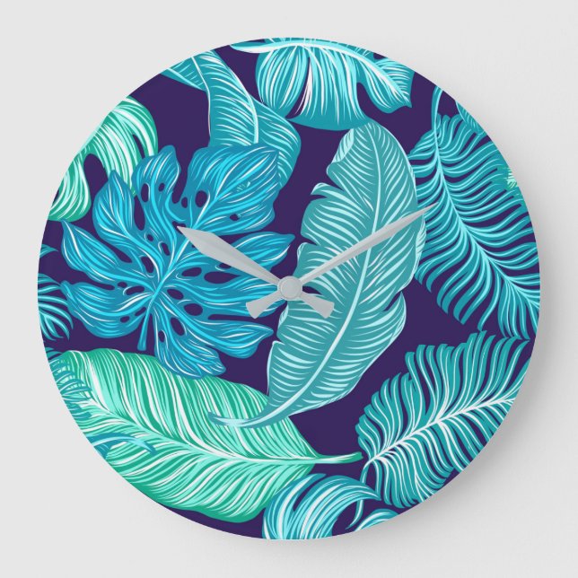 Tropical Green Blue Leaves Pattern Große Wanduhr (Vorderseite)