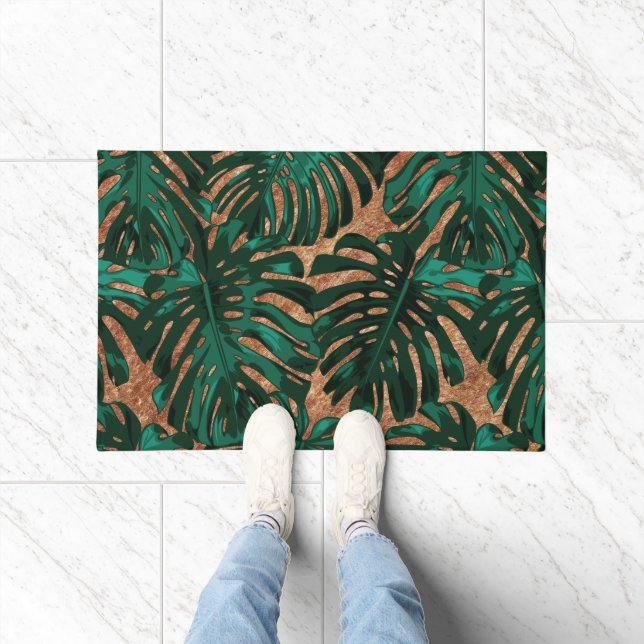 Tropical Green Brown Dschungel Blätter Muster Fußmatte (Indoor)