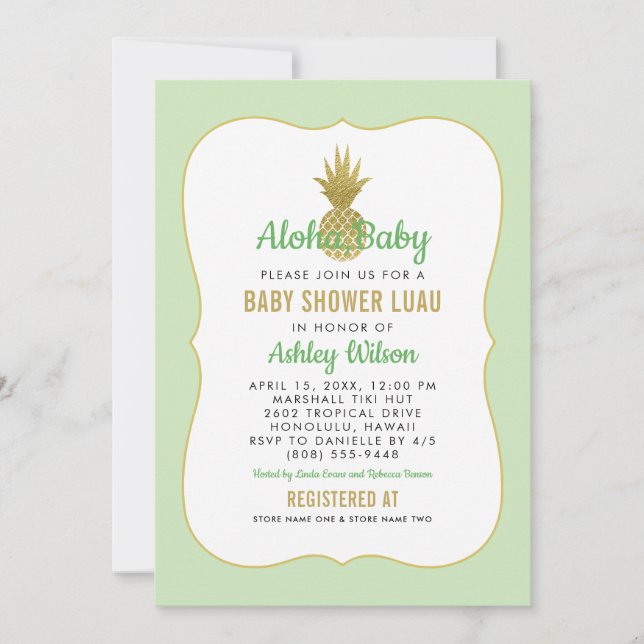 Tropical Green Gold Ananas Baby Shower Luau Einladung (Vorderseite)