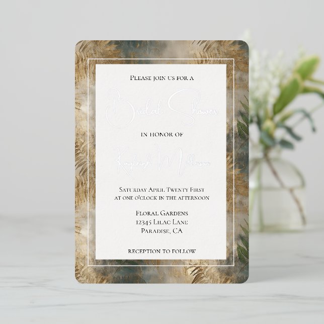 Tropical Green Gold Blätter Brautparty Folieneinladung (Stehend vorne)