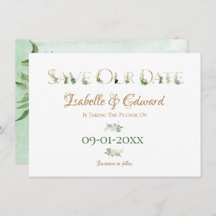 Tropical Green & Gold Monstera Blätter Alphabet Save The Date
