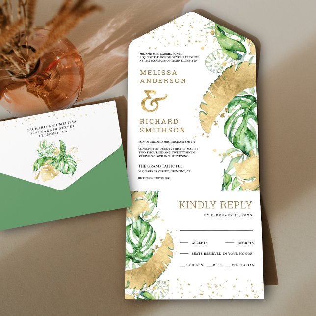 Tropical Green Gold Monstera Palm Blätter Hochzeit All In One Einladung (Von Creator hochgeladen)