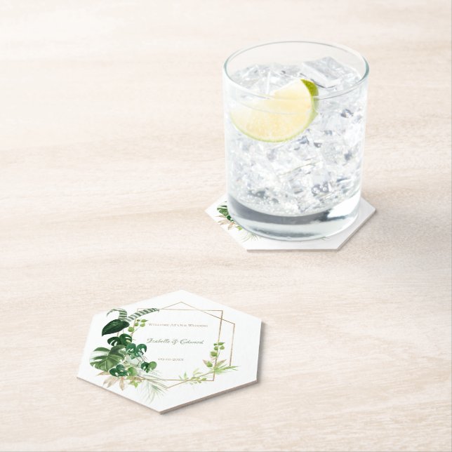 Tropical Green & Gold Watercolor Palm Blätter Untersetzer (Vor Ort)