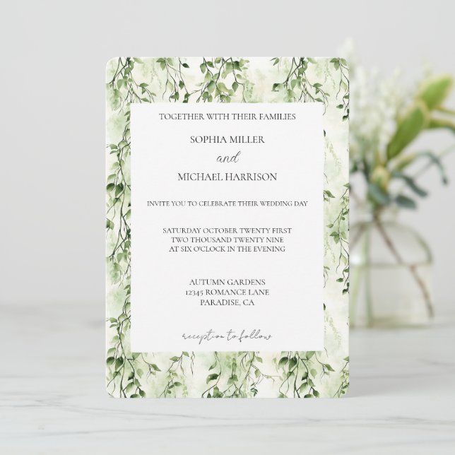 Tropical Green Ivy Wedding Einladung (Stehend Vorderseite)