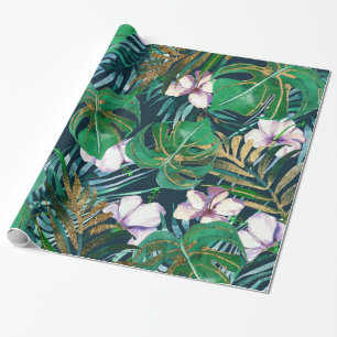 Tropical Green Lilac Gold Monster Blätter Bläserne Geschenkpapier