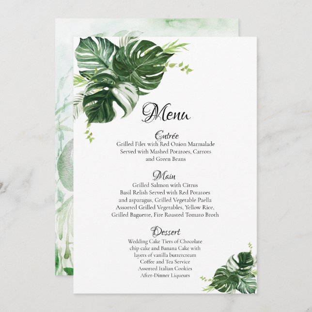 Tropical Green Monstera Blätter Wedding Menükarte (Vorne/Hinten)