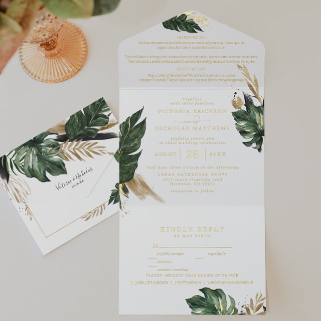 Tropical Green Palm & Banana Leaf Wedding All-in-One-Einladung (Von Creator hochgeladen)