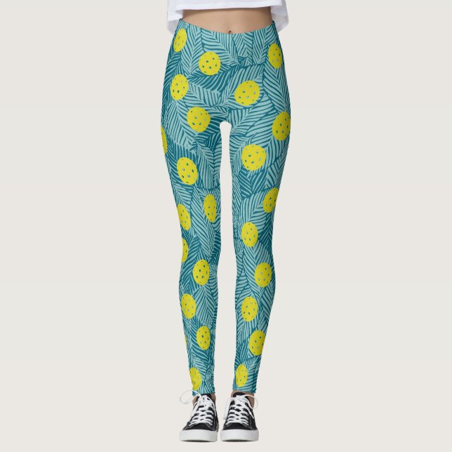 Tropical Green Palm Blätter Farbenfrohe Pickleball Leggings (Vorderseite)