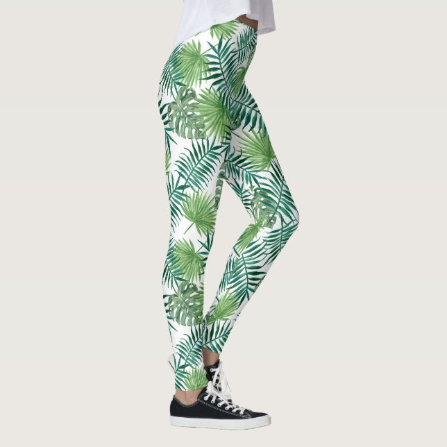 Tropical Green Palm Blätter Muster Leggings (Rechts)