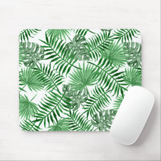 Tropical Green Palm Blätter Sommermuster auf Weiß Mousepad