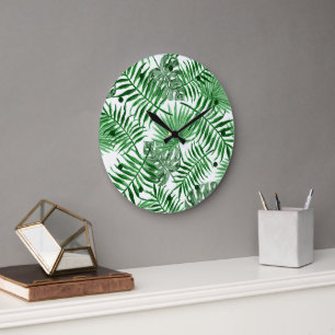 Tropical Green Palm Blätter Summer Watercolor Art Große Wanduhr