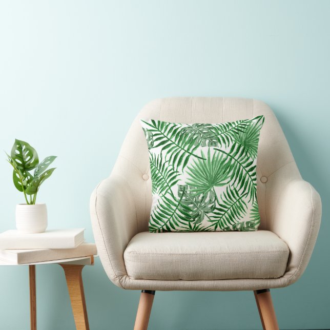 Tropical Green Palm Blätter Summer Watercolor Art Kissen (Stuhl )