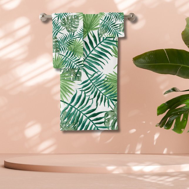 Tropical Green Palm Blätter Wasserfarben Kunst Badhandtuch Set (Von Creator hochgeladen)