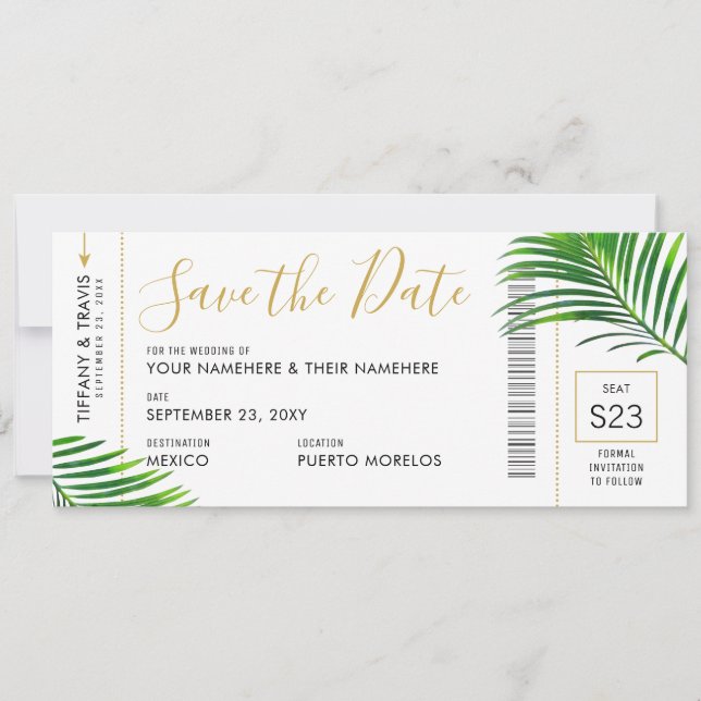 Tropical Green Palm Boarding Pass Rett Date Card Ankündigung (Vorderseite)