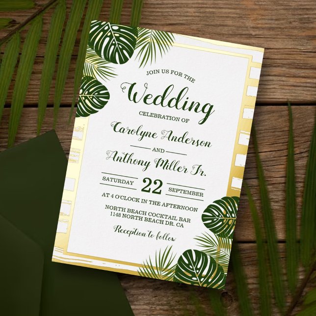 Tropical Green Palm Leaf Beach Hochzeit Real Folieneinladung (Von Creator hochgeladen)