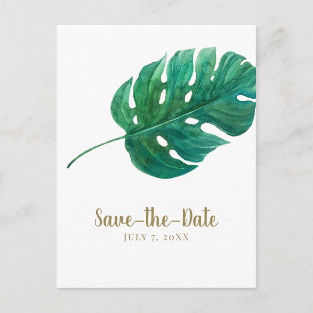 Tropical Green Palm Leaf Hawaiian Save the Date Ankündigungspostkarte (Vorderseite)