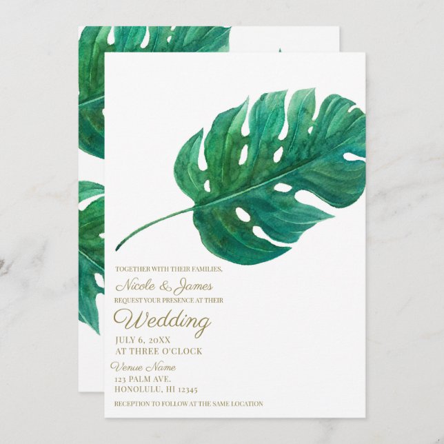 Tropical Green Palm Leaf Hawaiian Summer Wedding Einladung (Vorne/Hinten)
