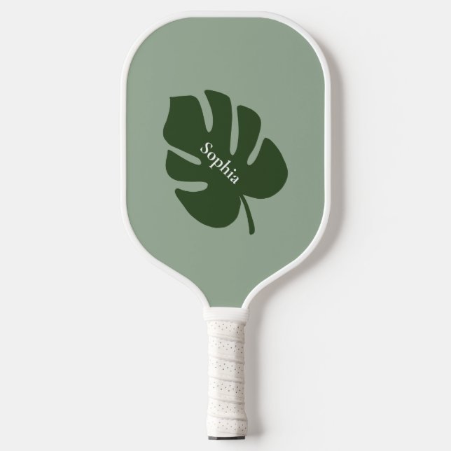 Tropical Green Palm Leaf | Modernes Monogramm Pickleball Schläger (Vorderseite)