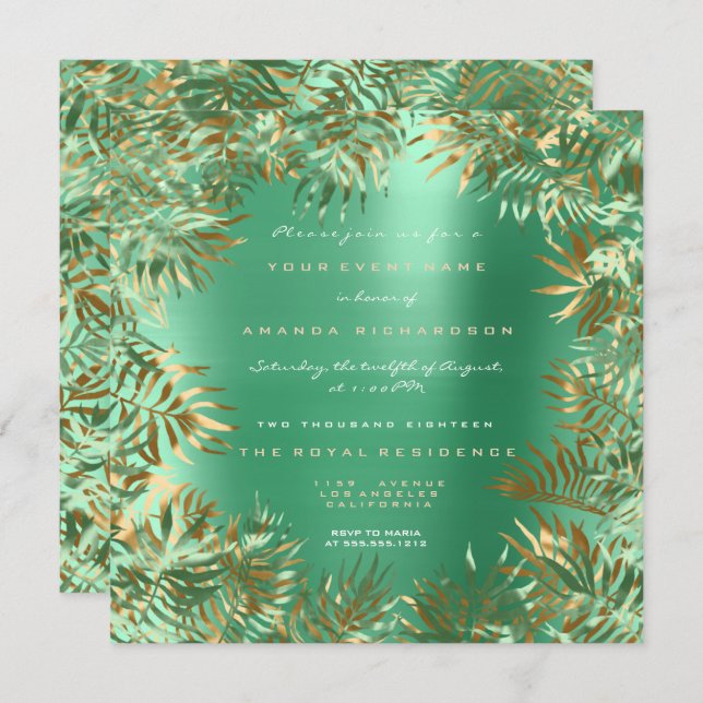 Tropical Green Palm Leaf Rahmen Metallic Mint Gold Einladung (Vorne/Hinten)