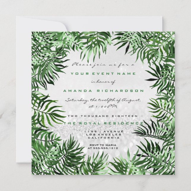 Tropical Green Palm Leaf Rahmen Silber Glitzer Gra Einladung (Vorderseite)