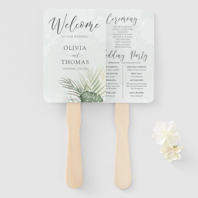 Tropical Green Palm Wedding Program Fächer (Vorne und Hinten)