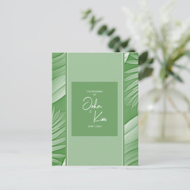 Tropical Green Thema Hochzeit Einladung Postkarte (Stehend Vorderseite)