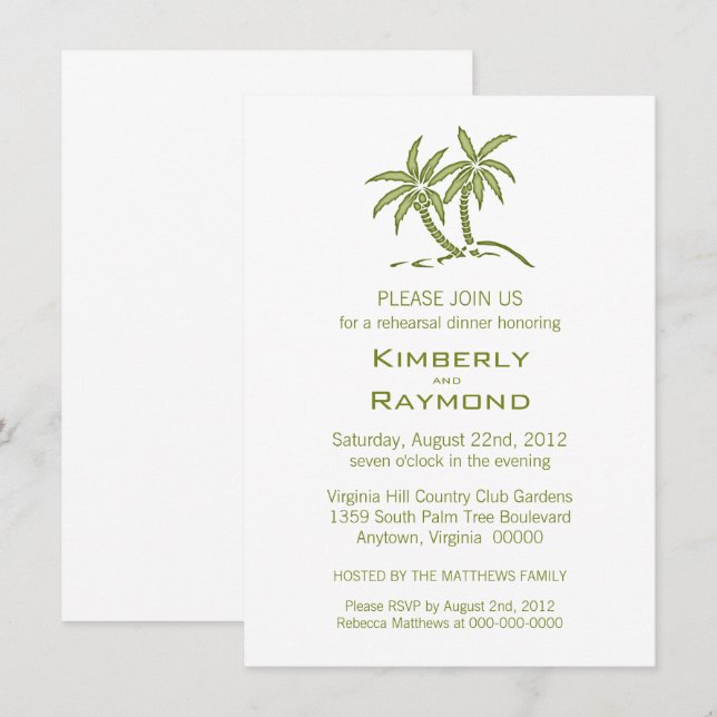 Tropical Green Twin Palm Trees Probe Dinner Einladung (Vorne/Hinten)