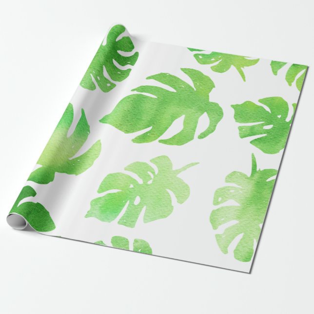 Tropical Green Watercolor Große Blätter Muster Geschenkpapier (Ungerollt)