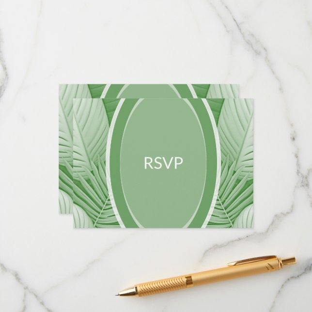 Tropical Green Wedding RSVP QR Code Enclosure Card Begleitkarte (Vorderseite/Rückseite Beispiel)