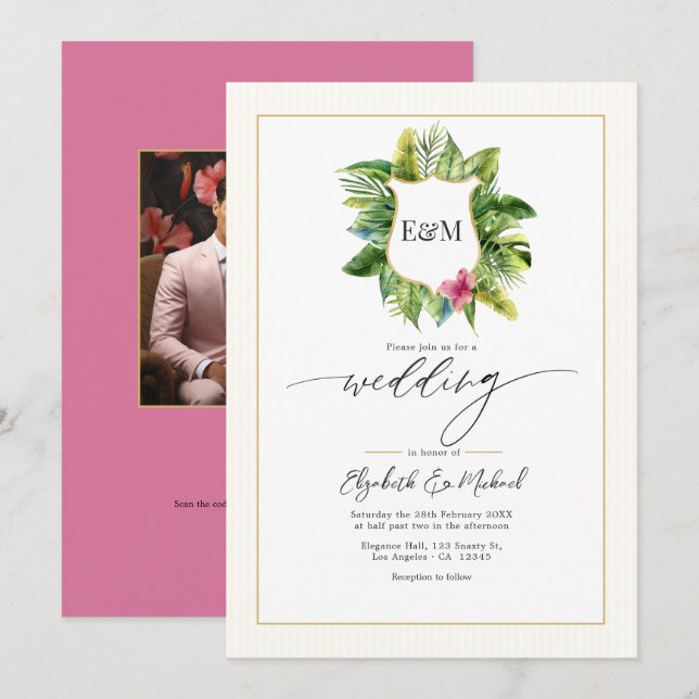 Tropical Greenerity Wedding Foto und QR Code Einladung (Vorne/Hinten)