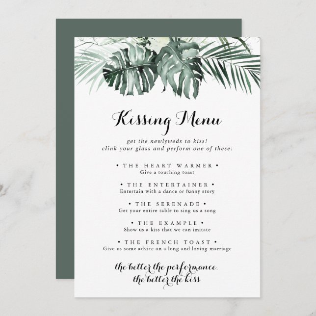 Tropical Greenerity Wedding Kissing Menu Game Card (Vorne/Hinten)