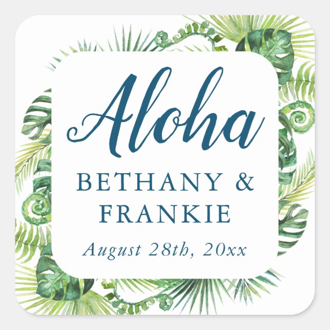 Tropical Greenery Aloha Beach Wedding Vielen Dank Quadratischer Aufkleber (Vorderseite)