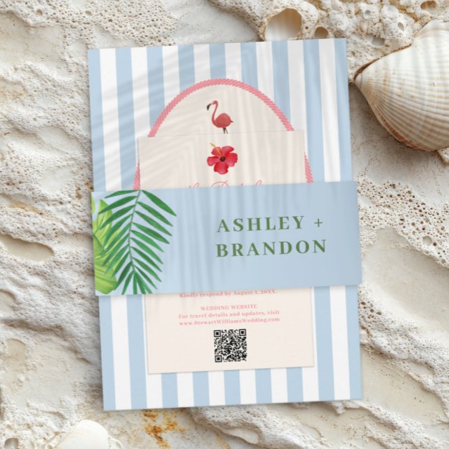 Tropical Greenery Blue Background Wedding Invite Einladungsbanderole (Von Creator hochgeladen)