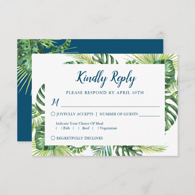 Tropical Greenery Blue Beach Wedding RSVP Card (Vorne/Hinten)