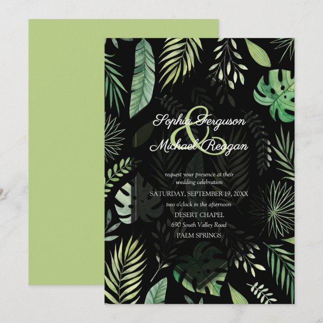 Tropical Greenery Botanical Black Wedding Einladun (Vorne/Hinten)