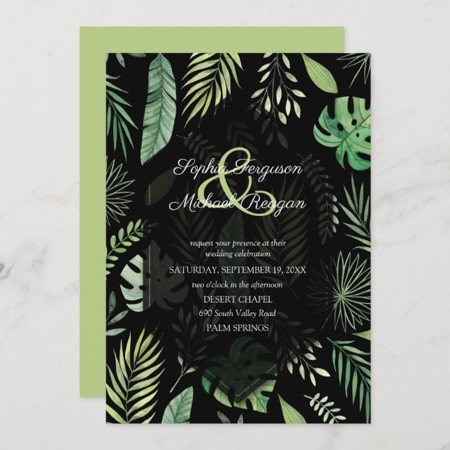 Tropical Greenery Botanical Black Wedding Einladun (Vorne/Hinten)