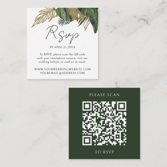 Tropical Greenery Botanical QR Code Wedding RSVP Begleitkarte (Vorne/Hinten)