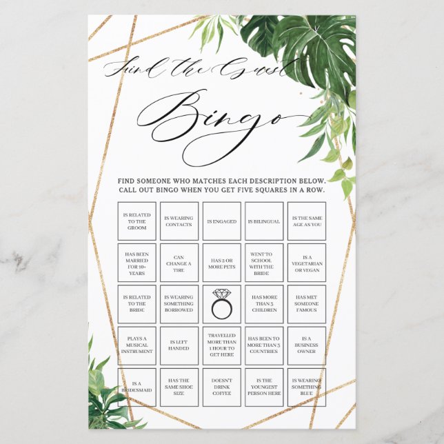 Tropical Greenery Bridal Finden Sie das Bingo Game (Vorderseite)