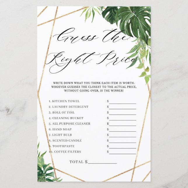Tropical Greenery Bridal Guess Richtiges Preisspie (Vorderseite)