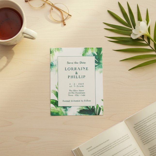 Tropical Greenery Elegant Botanische Blätter Save The Date (Tropical Greenery Elegant Botanical leafy Save The Date.)