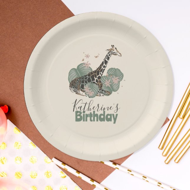 Tropical Greenery Giraffe Animal Birthday Party Pappteller (Von Creator hochgeladen)